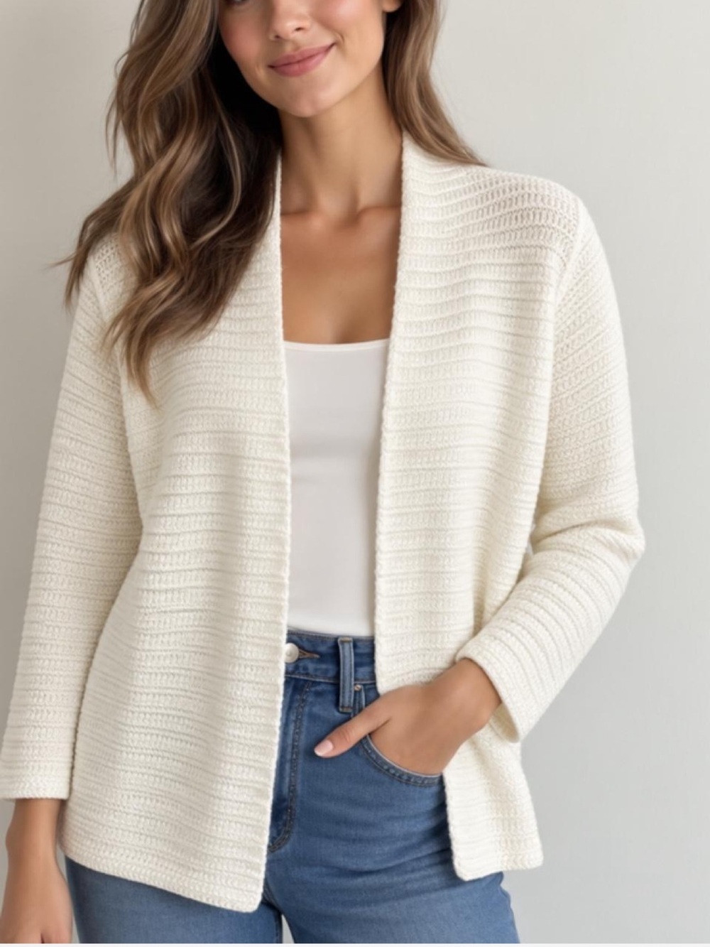 Eileen Fisher 100% Cotton White Open Front Knit Cardigan Sweater size small
